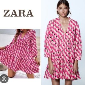 Zara Graphic Mini Dress shirt dress with 3/4 Sleeves